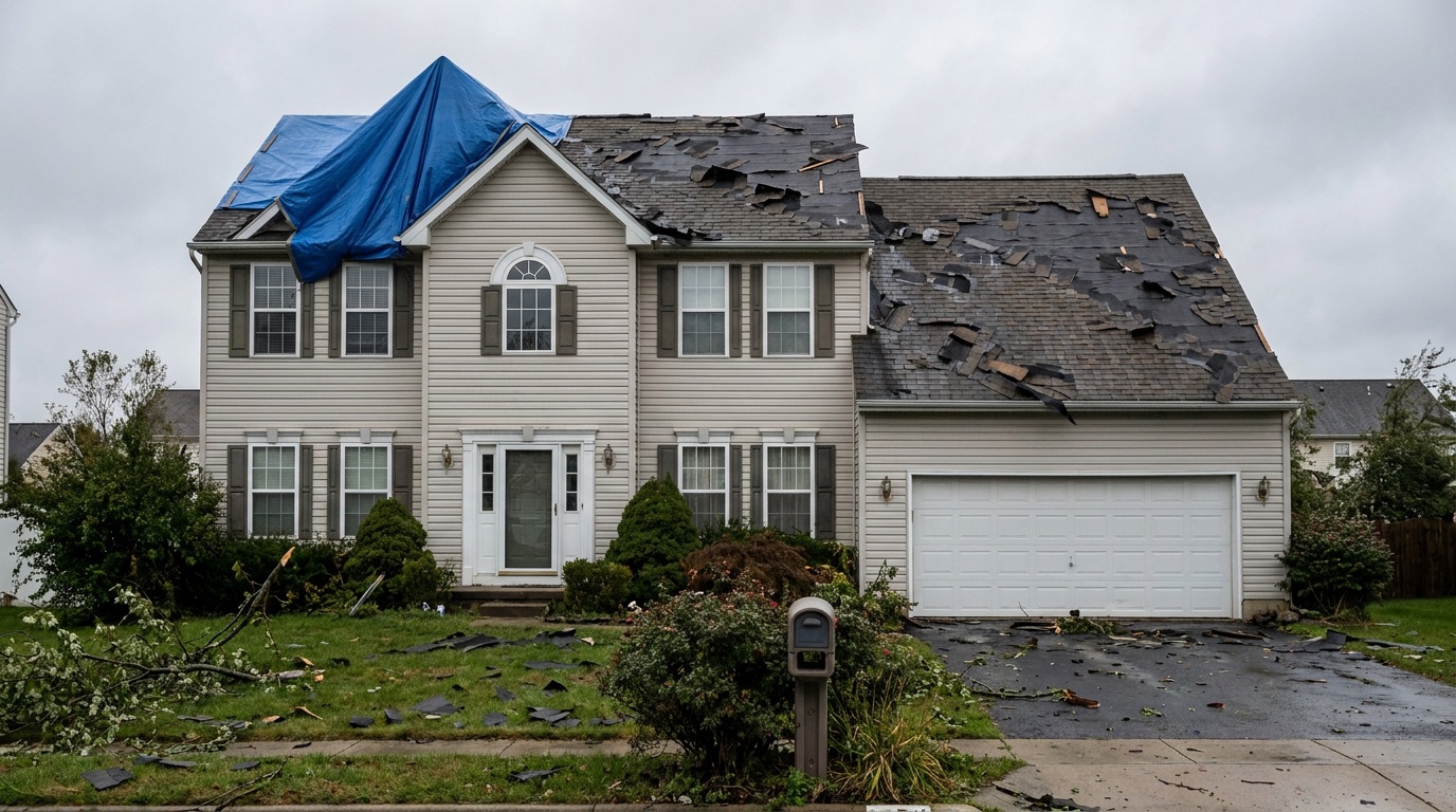 Storm-damaged roof before restoration
